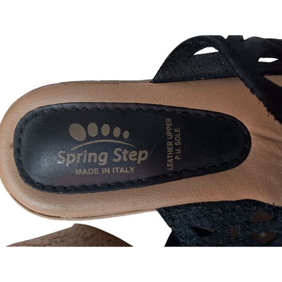 SPRING STEP Black Leather Comfort Sandals Wedge Thong 38/8 Summer Vacation Beach - Picture 6 of 10